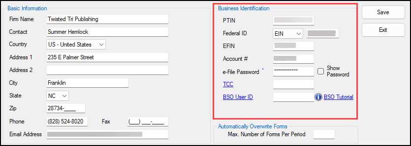 Confirming your Business Identification information at Firm > Firm Information Setup